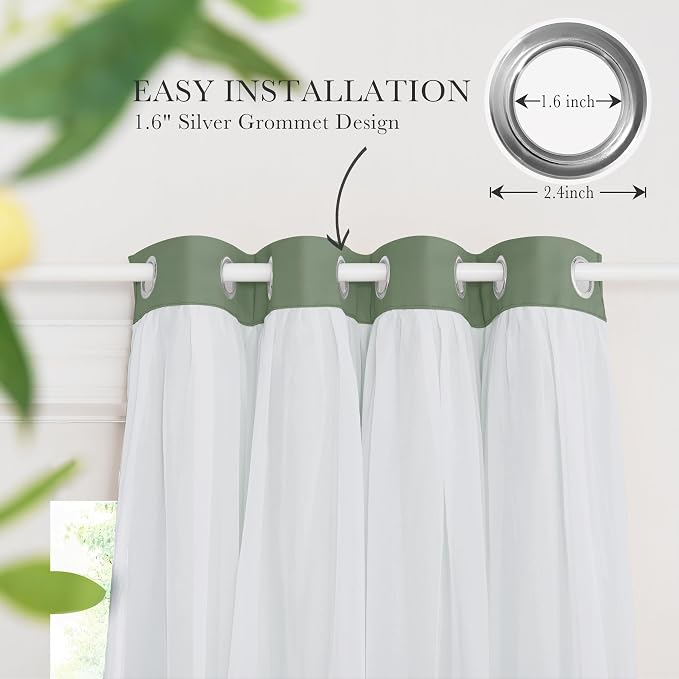 PONY DANCE Room Darkening Curtains with Sheer Overlay, Double Layer Drapes for Living Room, Grommet Thermal Insulated Curtains for Bedroom, 2 Panels Each 52 x 84 Inch, Sage Green