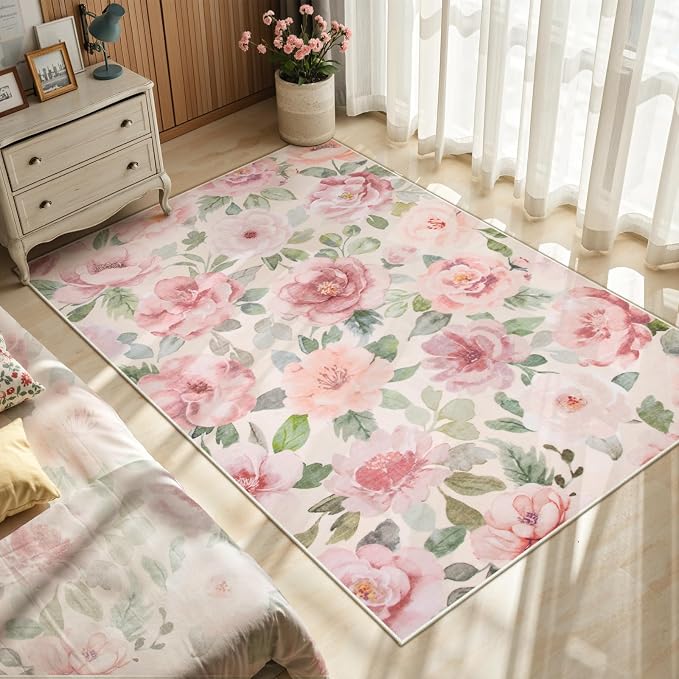 Lahome Floral Washable Rugs 3x5,Entryway Rug Soft Bedroom Rugs Ultra-Thin Home Decor Small Carpet for Bathroom Kitchen Rugs Kids Room,Office,College Dorm 3x5（Beige/Multi