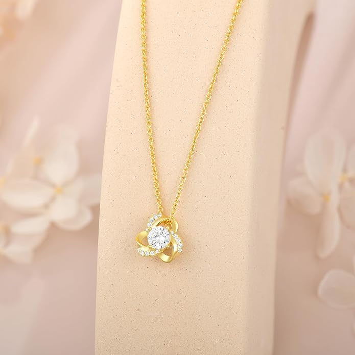 18K Gold Plated Love Knot Necklace for Women, 925 Sterling Silver Round cut Birthstone Pendant Necklace With Chain Lucky Flower Jewelry Gift