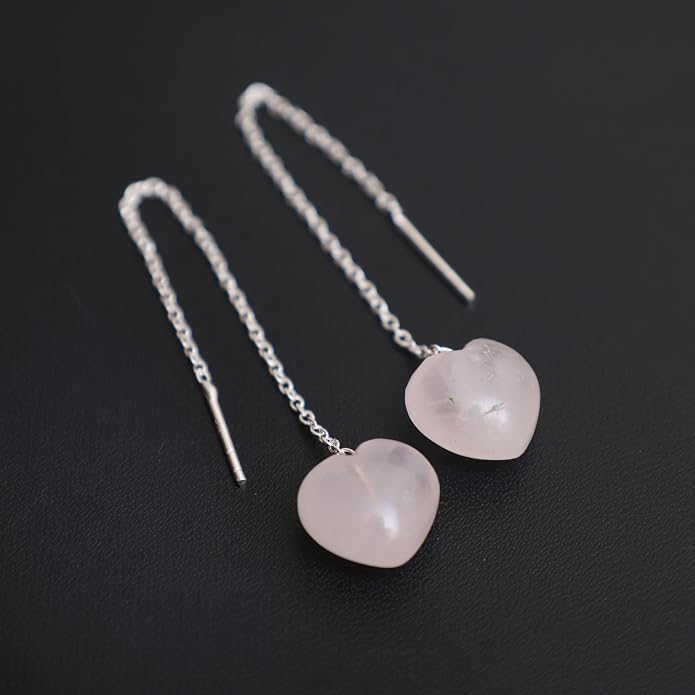 Gemstone Heart Shaped Threader Earrings in 925 Sterling Silver, Pull Through Adjustable, Versatile & Trendy, Perfect Valentine's Gift for Women, Choice of Gemstone Available