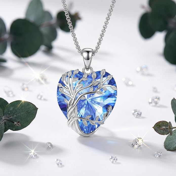 Eusense Tree of Life Necklace for Women White Gold Plated Copper Moonstone/Turquoise/Black Onyx/Crystal Birthstone Pendant Jewelry Gifts for Women Men