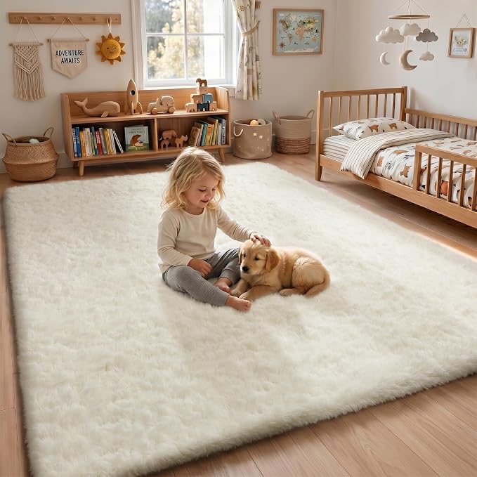 Sour Lemon Area Rugs 9x12 Living Room, Cream Large Area Rug Shag Shaggy Carpet Soft Plush Furry Bedside Rug, Machine Washable Area Rugs for Bedroom Kids Girls Boys Home Decor Anti Slip