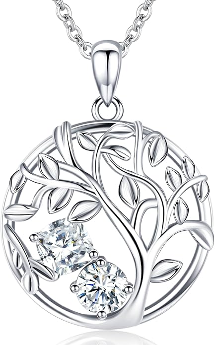 Tree of Life Birthstone Necklace for Women 925 Sterling Silver Birthstone Pendant 12 Months Necklaces with Zircon Birthday Gifts for Women, Mom, Grandma Cable Chain 18"+2"
