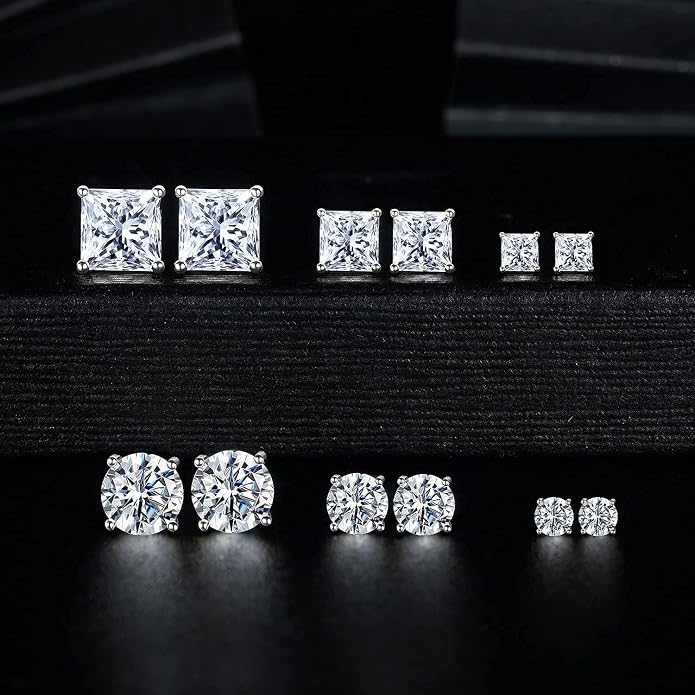 MDFUN 6 Pairs Stud Earrings Set 3mm/5mm/7mm Princess & Round Cubic Zirconia Earrings Hypoallergenic 316L Surgical Stainless Steel CZ Earrings for Women Men
