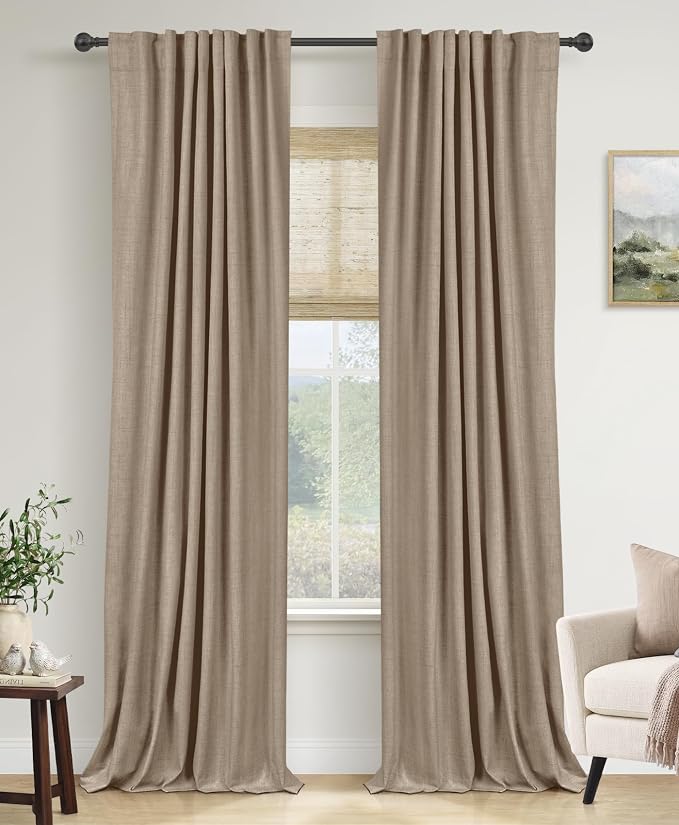100% Blackout Shield Brown Linen Blackout Curtains for Bedroom 96 Inches Long, Back Tab/Rod Pocket Living Room Drapes, Thermal Insulated Blackout Curtains 2 Panels Set, 50" W x 96" L,Copper Brown