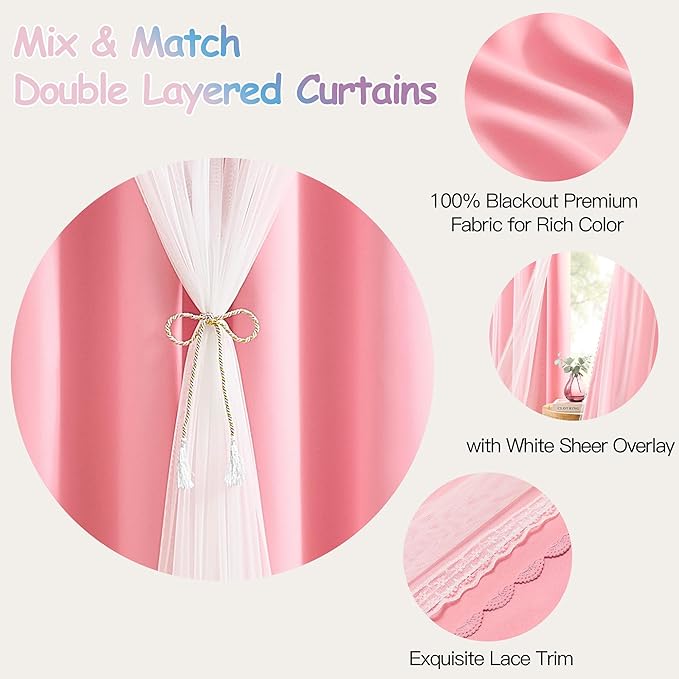 XiDi Pink Curtains Blackout 84 Inches Long for Girls Bedroom Living Room 2 Panels Grommet Thermal Insulated Double Layer Cute Girly Nursery Curtains with Sheer Overlay for Kids Princess W52XL84