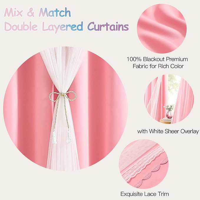 XiDi Double Layer Curtains with Sheer Overlay for Girls Kids Bedroom 96 Inches Long Pink Blackout Curtains Princess Nursery Thermal Insulated Room Darkening Grommet Drapes Lace Hem 2 Panels W52xL96