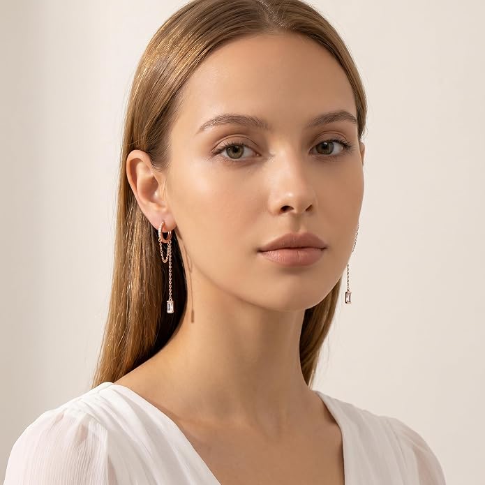 Reffeer 925 Sterling Silver CZ Chain Hoop Earrings Dangle for Women Teens Dangle Earrings Chain Drop Earrings Huggie