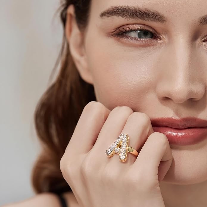 Cicy Bell Initial Rings for Women 14k Gold Plated Cubic Zirconia Delicate Letter Chunky Statement Open Rings Gifts for Her