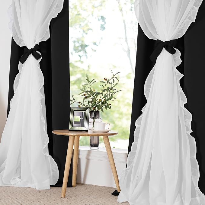 PONY DANCE Blackout Gothic Curtains for Toddle Bedroom Decorative 84 Inches Long, Double Layer Bow Curtain Ruffle White Sheer Overlay, Shabby Chic Decor, W52 x L84 inch, Black, 2 Panels
