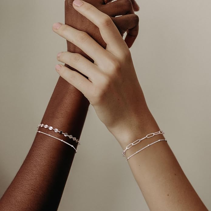 MILACOLATO 925 Sterling Silver Clasp Paperclip Chain Bracelets 14K White Gold Plated Solid Diamond-Cut Paperclip Chain Women Bracelet Adjustable Layered Satellite Beads Bracelets for Women