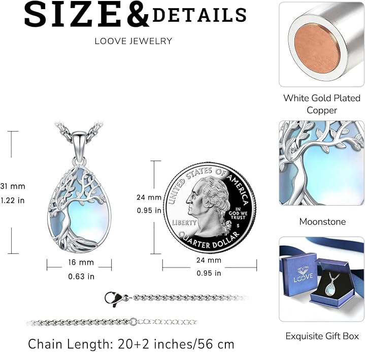Turquoise/Amethyst/Moonstone/Black Onyx Tree of Life Necklace for Women Hummingbird Necklaces White Gold Plated Copper Jewelry