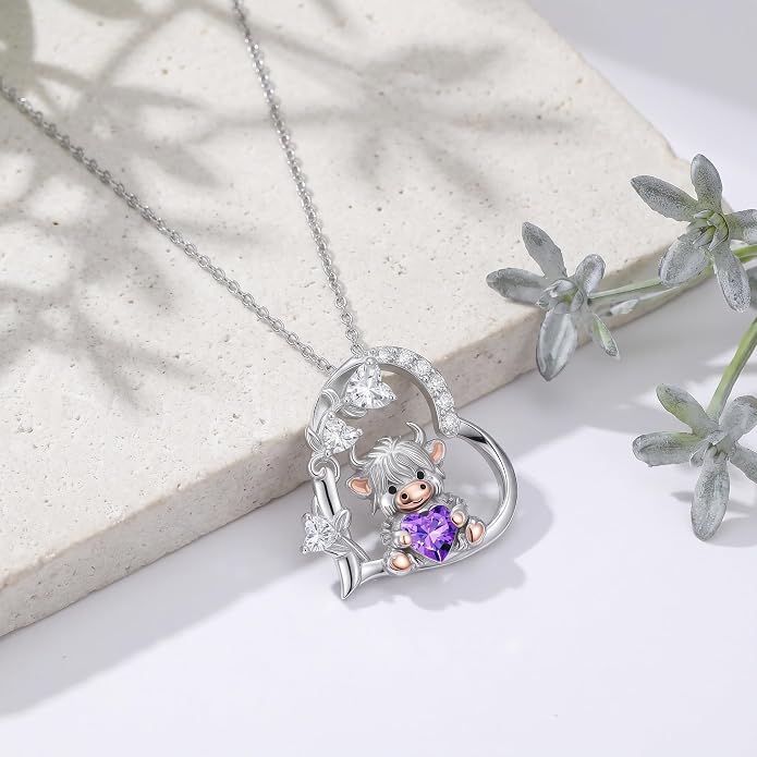 PELOVNY Teddy Bear Necklace for Women 925 Sterling Silver Bear/Highland Cow/Fox/Cat/Axolotl Birthstone Necklace Christmas Birthday Jewelry Gifts for Mom Daughter Wife Sister