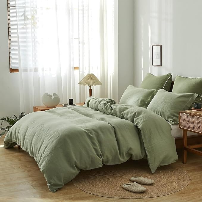 Simple&Opulence 100% Linen Duvet Cover Set, 3 PCS Natural French Flax Sage Green Duvet Cover King Size, Breathable Soft Comfy Linen Bedding Comforter Cover with 2 Pillowcases(Sage Green, 104"x92")