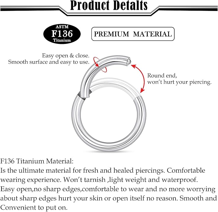 20G-2G ASTM F136 Titanium Septum Nose Rings Hoops Hinged Clicker Segment Septum Lip Nipple Ring Cartilage Tragus Helix Sleeper Earrings Piercing Jewelry for Women Men 6mm-19mm