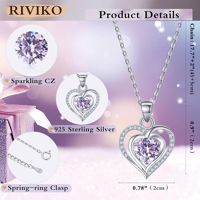 RIVIKO Heart Birthstone Pendant Necklace for Women 925 Sterling Silver Zirconia Necklaces Valentine's Day Anniversary Birthday Mothers Day Jewelry Gifts For Her Mother Wife