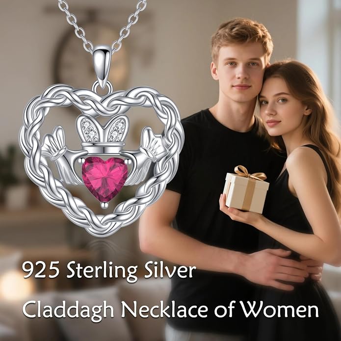 Birthstone Claddagh Heart Necklace 925 Sterling Silver Heart Celtic Knot Claddagh Necklace Pendant Irish Jewelry Gifts for Women Mom Wife Sister Christmas Birthday,18+2 inch