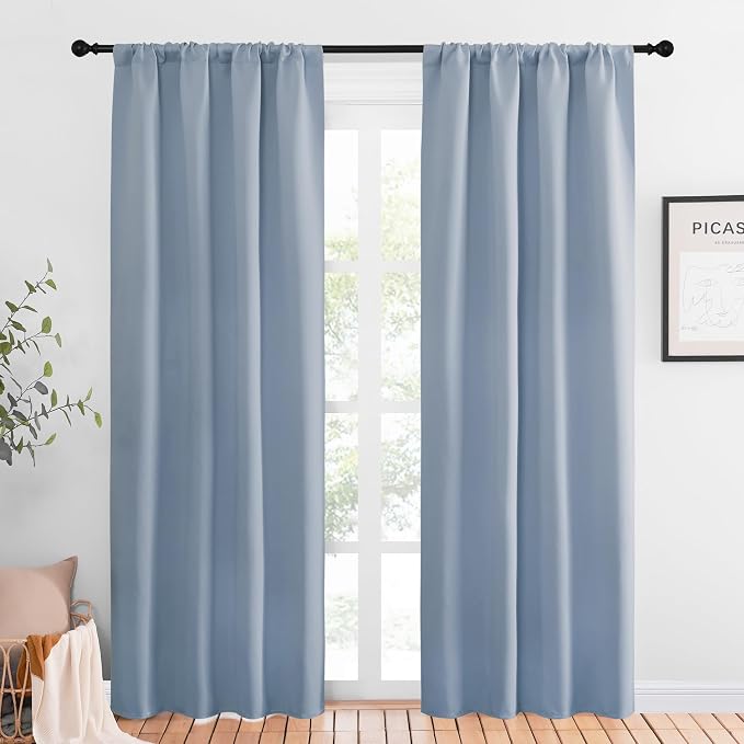 NICETOWN Blackout Curtains for Living Curtains, Vintage Blue, 1 Pair, 34-inch W x 84-inch L, Home Decorations Thermal Insulated Solid Pole Top Blackout Drapes for Living Room