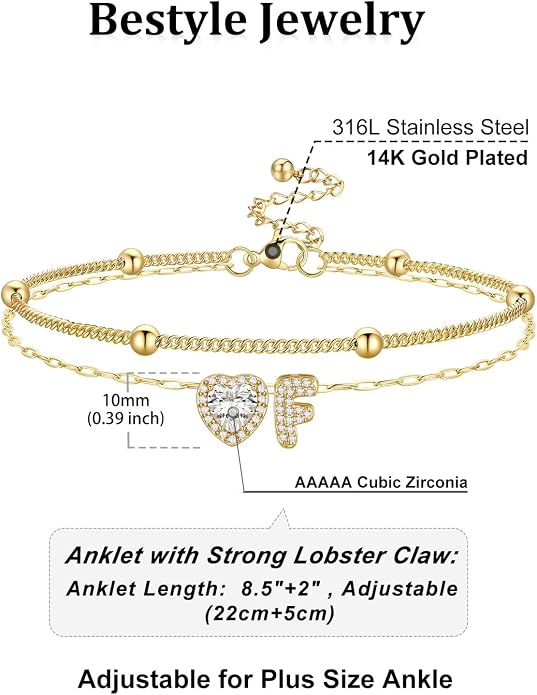 Bestyle Initial Anklet Bracelets for Women Waterproof Non Tarnish 14K Gold/White Gold Plated CZ Anklets for Women Dainty Layered Letter Heart Ankle Bracelets Adjustable Foot Chain Anklet