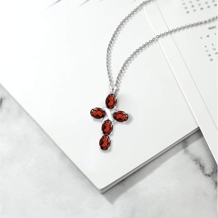 Gem Stone King Cross Pendant Necklace for Women | 925 Sterling Silver | 6X4MM Gemstone Birthstone | Jesus Christian Religious Crucifix Jewelry Gifts | 18 Inch Chain