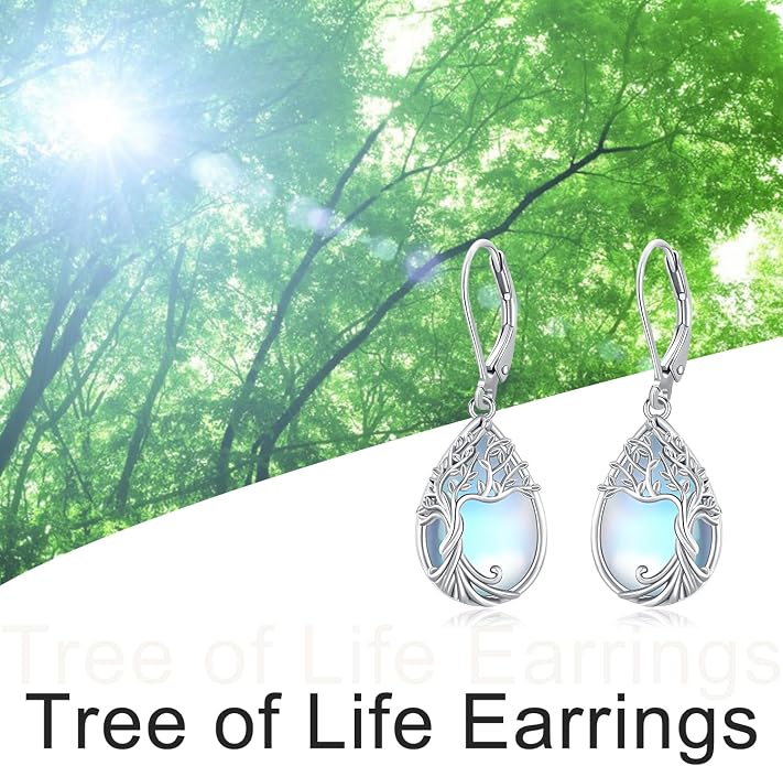 Odinstone 925 Sterling Silver Earrings Tree of Life Teardrop Moonstone Dangle Drop Leverback Earrings for Women