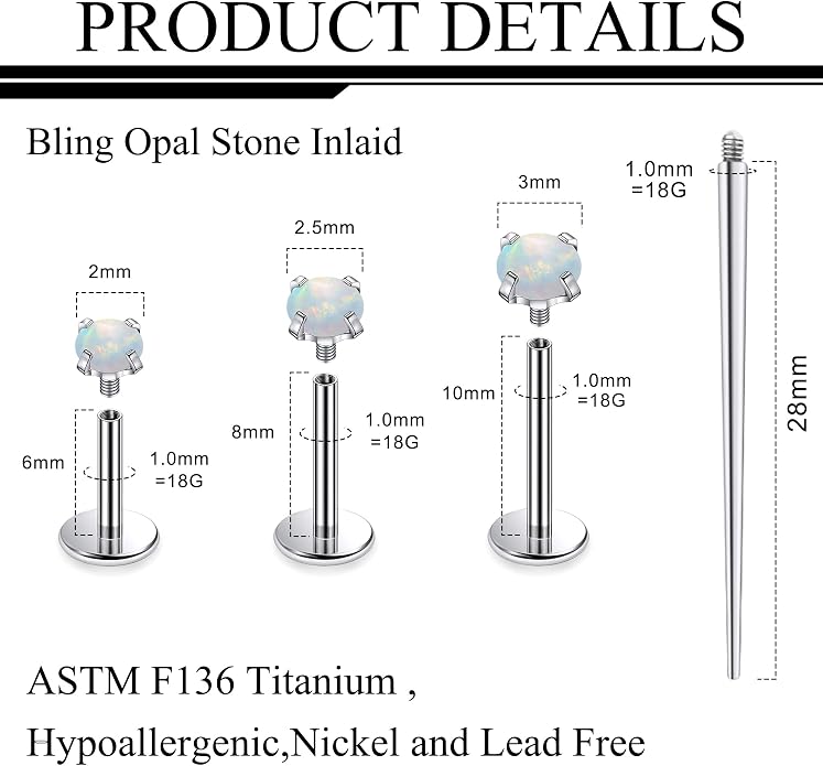 Ruifan Titanium Flat Back Lip Rings Externally Threaded Earrings Studs Nose Rings 20G 18G 16G Round Opal Tragus Cartilage Lobe Rook Helix Conch Labret Medusa Piercing Jewelry for Women Men