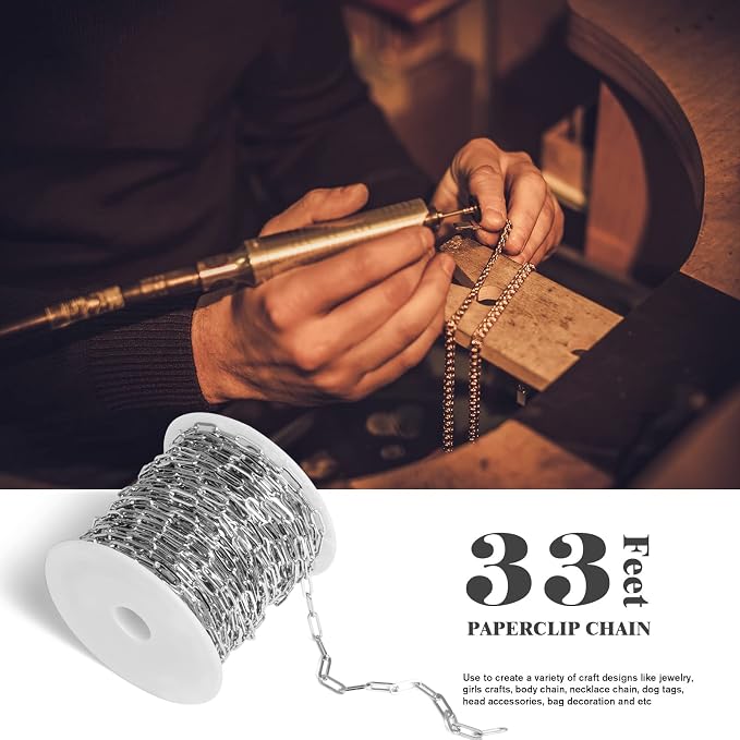 [33 Ft] Stainless Steel Paperclip Chains Roll, 3mm Width 304 Stainless Steel Oval Link Chains Spool Bulk for Jewelry Making