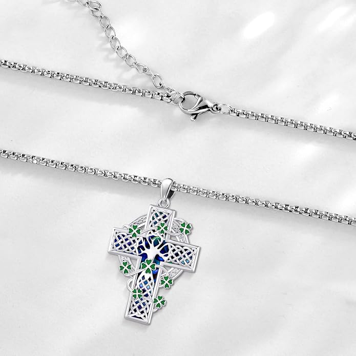 Celtic Cross Tree of Life Necklace for Women Sterling Silver Thor Hammer Tree of Life Pendant Irish Knot Cross Amulet Tree of Life Jewelry