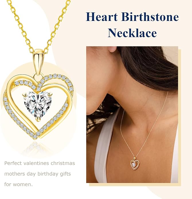 Anniversary Charm Necklace, Sterling Silver 14K Gold Plated Chain with Interlocking Heart Pendant Elegant Birthstone Necklaces for Women, Length 18"