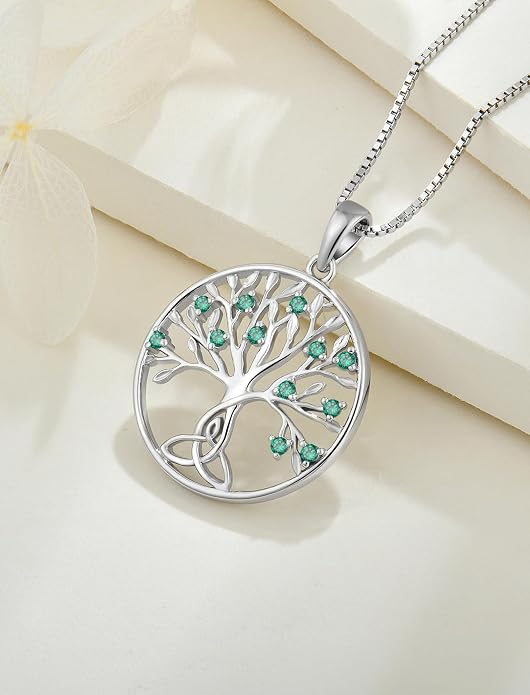 Celtic Knot Tree Necklace 925 Sterling Silver Tree of Life Pendant Birthstone Jewelry for Women