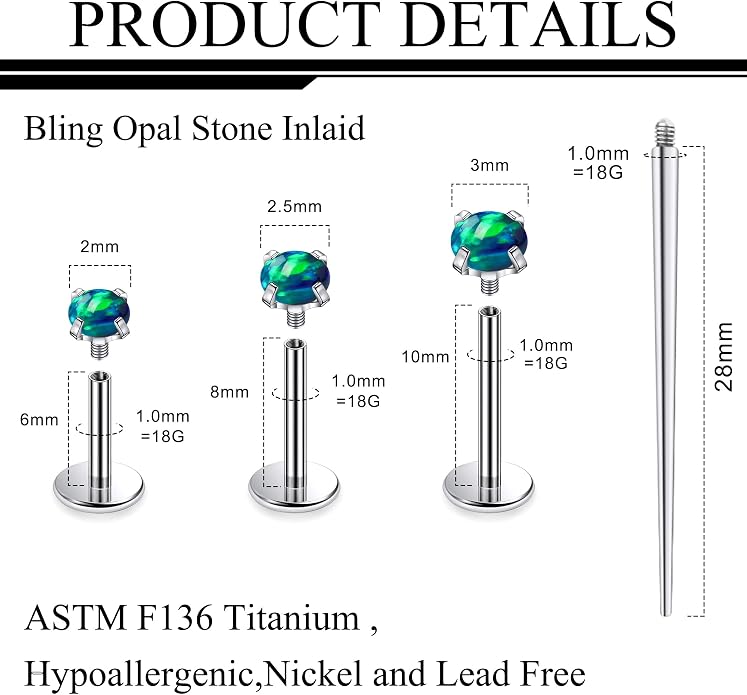 Ruifan Titanium Flat Back Lip Rings Externally Threaded Earrings Studs Nose Rings 20G 18G 16G Round Opal Tragus Cartilage Lobe Rook Helix Conch Labret Medusa Piercing Jewelry for Women Men