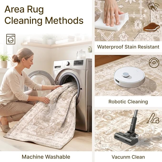 3x5 Area Rug for Living Room-Vintage Farmhouse Boho Floral Neutral Washable Stain Resistant Indoor Carpet for Bedroom Office and Home Decor(Beige&Brown)