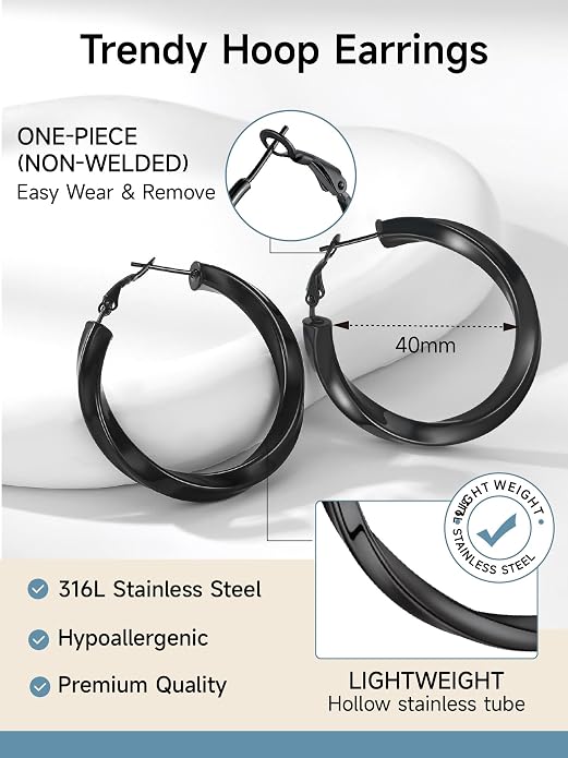 Stainless Steel Chunky Hoop Earrings For Women, Minimalist and Chic, Black/Gold Plated, Round Hoops Earrings Hypoallergenic, Size: 30mm/40mm/60mm/80mm, Come with Box