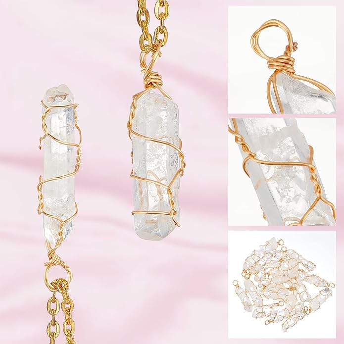 FINGERINSPIRE 20 Pcs Natural Quartz Crystal Pendant Gold Plated Wire Wrapped Quartz Clear Crystal Gemstone Pendant without Chain Irregularly Stones Pendant for Necklaces Earrings Jewelry Making