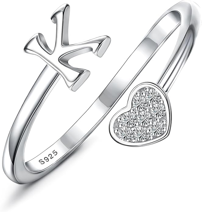 MILACOLATO 925 Sterling Silver Initial Rings for Women Teen Girl 18K Gold Plated Heart Initial Rings Adjustable Capital Letter Ring Stackable Thumb Pinky Rings for Daughter Birthday Bridesmaid Gifts Jewelry, A to Z