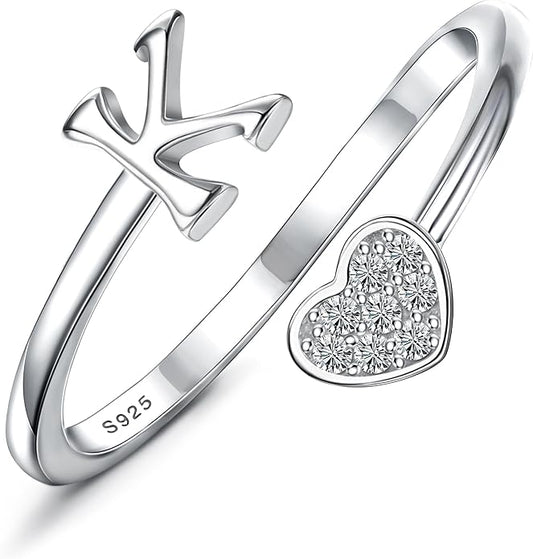 MILACOLATO 925 Sterling Silver Initial Rings for Women Teen Girl 18K Gold Plated Heart Initial Rings Adjustable Capital Letter Ring Stackable Thumb Pinky Rings for Daughter Birthday Bridesmaid Gifts Jewelry, A to Z