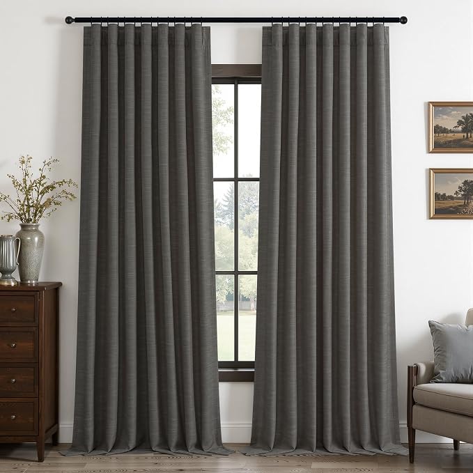 Topfinel Charcoal 90 Inch Long Blackout Bedroom Curtains Back Tab & Rod Pocket, Modern Farmhouse Blend Linen Panels for Track System, Modern Chic Carbon Grey Noise Cancelling Drapes 52" W*90" L
