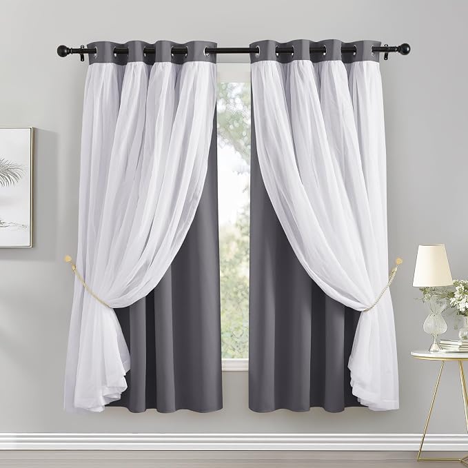 PONY DANCE Blackout Curtains for Bedroom - Sheer Drapes Double Layers Grommet Top Window Treatment Room Decor, 52 x 63 in, Grey, 2 Panels