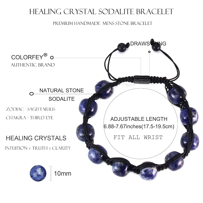 Healing Crystal Sodalite Bead Bracelet for Men, Natural Sodalite Crystal Bracelets Healing Blue Stone Bracelet for Men 10mm, Protection Energy Bracelets Handmade Bead Jewelry for Him
