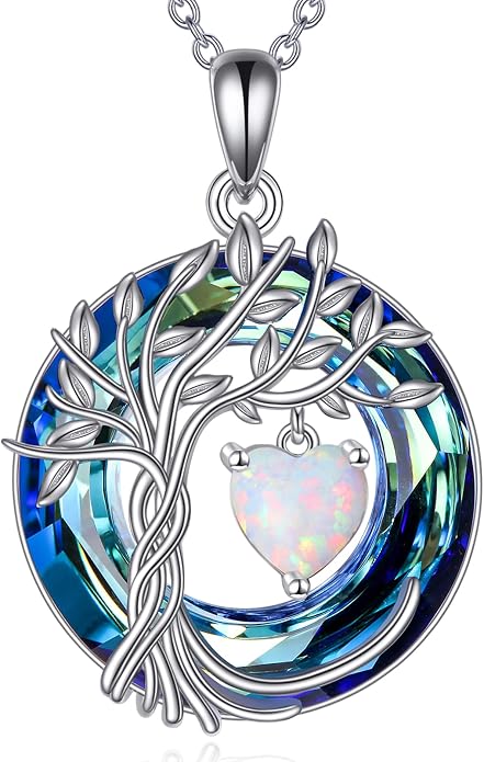 POPLYKE Mothers Day Gifts for Mom Her Wife Tree of Life Necklace 925 Sterling Silver Birthstone Pendant with Crystal Anniversary Birthday Wedding Jewelry for Women