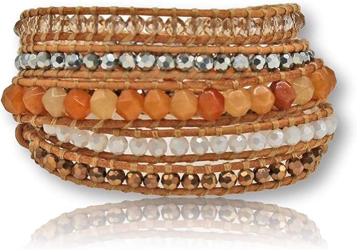 MGR MY GEMS ROCK! 35-Inch Long Multi-Layer Hand Crafted Gemstone and Crystal Multi-Stone Beaded on Genuine Leather Boho Style Stackable Super Wrap Bracelet, up to 5 Wraps.