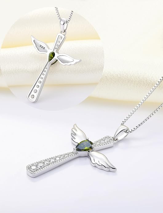 YL Cross Necklace 925 Sterling Silver Angel Wings Pendant Teardrop Birthstone Criss Jewelry for Women