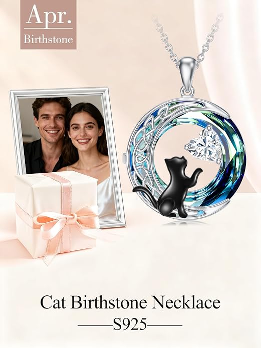 TOUPOP Cat Gifts for Cats Lovers 925 Sterling Silver Black Cat Necklace Celtic Moon Birthstone Jewelry for Women Anniversary Birthday Gift for Her Wife Mom