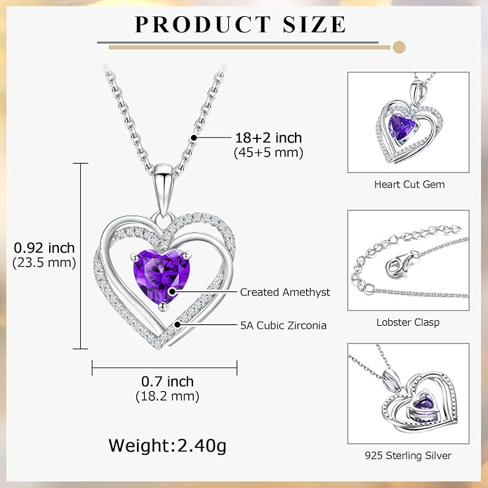 Anniversary Charm Necklace, Sterling Silver 14K Gold Plated Chain with Interlocking Heart Pendant Elegant Birthstone Necklaces for Women, Length 18"