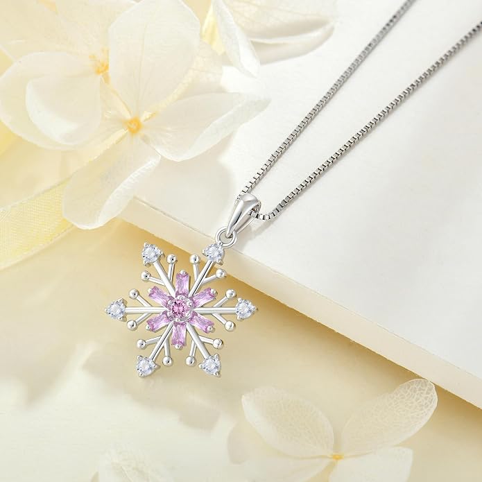925 Sterling Silver Snowflake Necklace Birthstone Snowflake Pendant Necklaces for Women Cubic Zirconia Christmas Jewelry