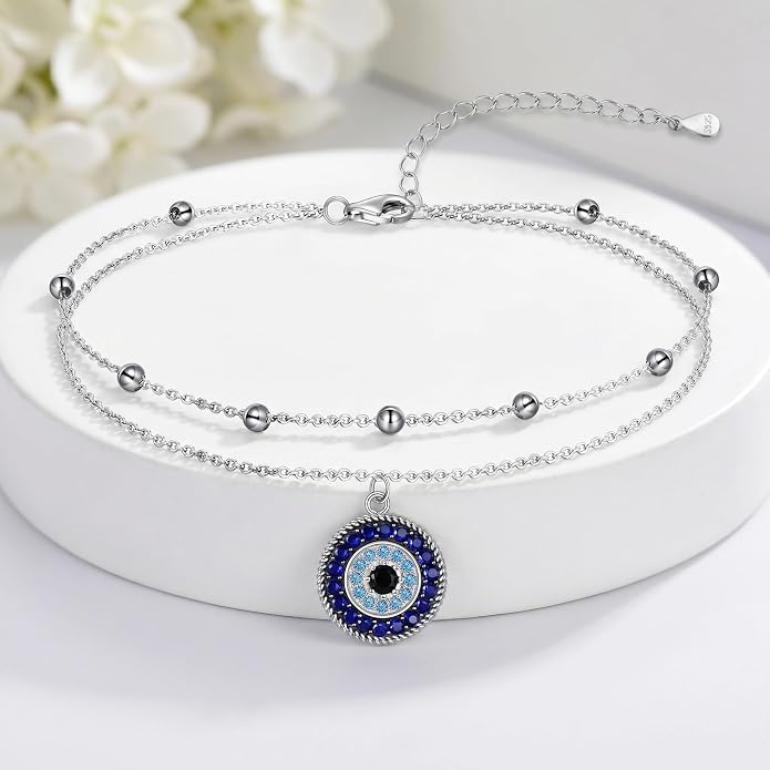 Blue Evil Eye Anklet Greek Evil Eye Anklet Bracelet Adjustable Ojo Turco Kabbalah Amulet Nazar Layered Silver Ankle Bracelets Protection Jewelry Amulet Gift for Wife Mother Sister Birthday