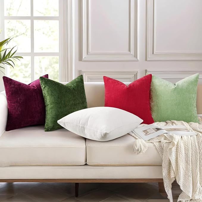 decorUhome Soft Chenille Christmas Red Throw Pillow Covers 20X20 Set of 2 | Decorative Fall Couch Pillow Covers Solid Dyed Accent Modern Farmhouse Neutral Square Pillow Cases for Sofa