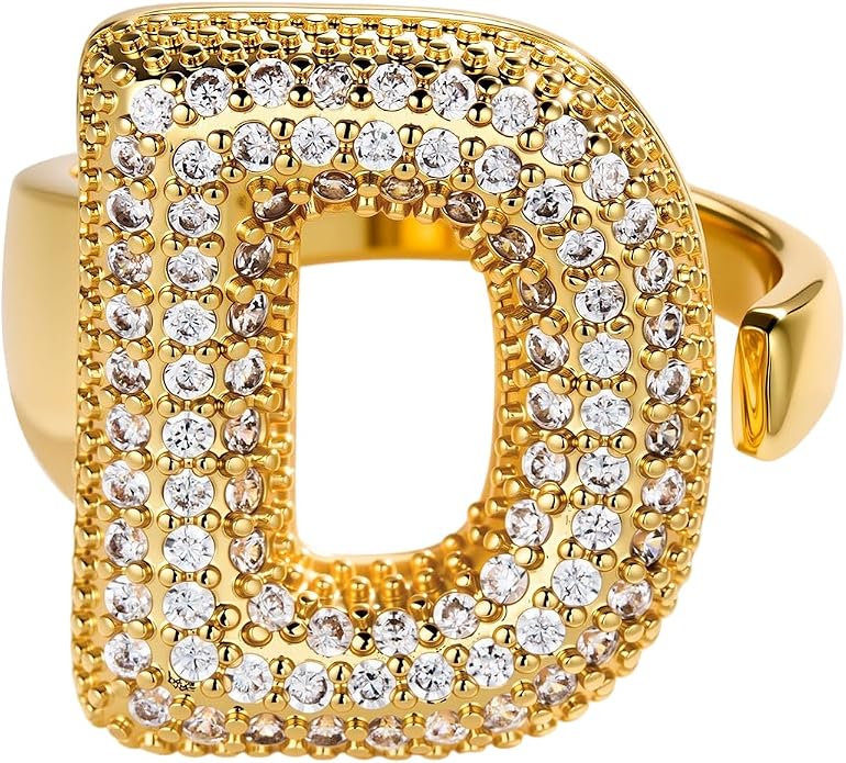 Cicy Bell Initial Rings for Women 14k Gold Plated Cubic Zirconia Delicate Letter Chunky Statement Open Rings Gifts for Her