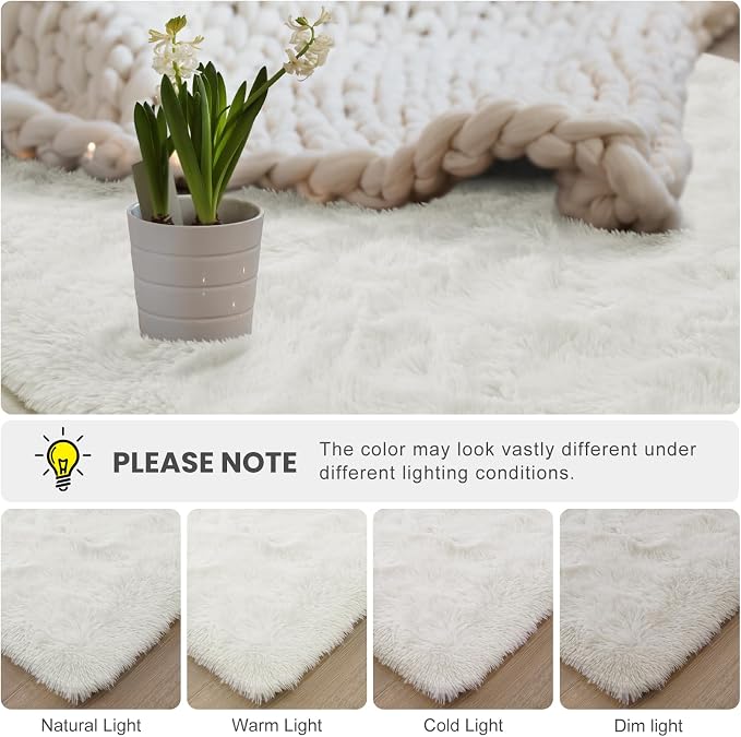 Macgace Fluffy Area Rugs for Bedroom Decor Aesthetic, 3x5 Cream White Shag Rug with Non-Slip Backing for Living Room, Soft Washable Fuzzy Carpet Modern Home Decor for Kids Nursery Girls Room