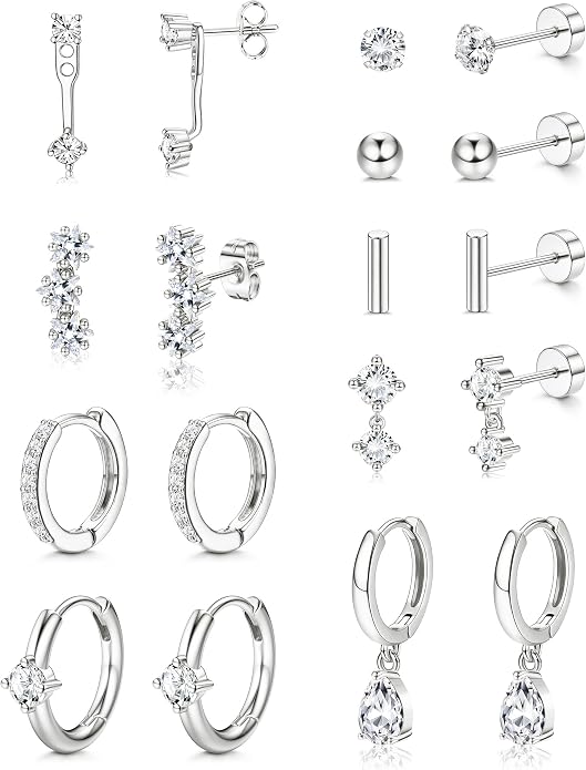 Hypoallergenic Silver Gold Earrings Stacks - 9 Pairs 14K Gold Plated Surgical Stainless Steel Earring Set for Sensitive Ears - Small Ear Piercing Flat Back Cartilage Earrings for Women Trendy Gifts